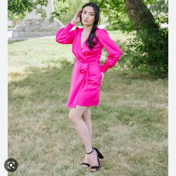 Adelyn Rae Long Balloon Cuffed Sleeve Faux Wrap Tie Waist Mini